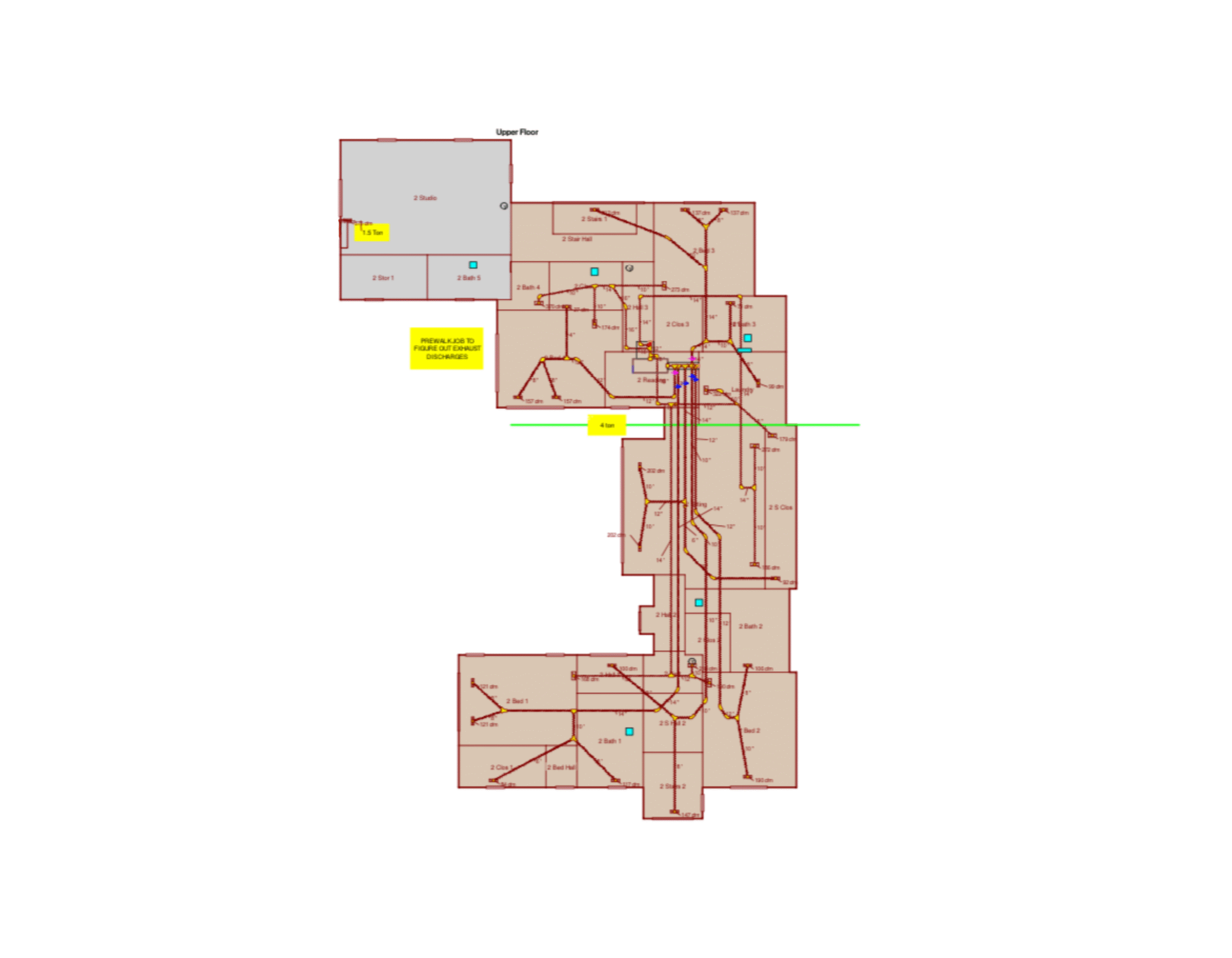 Upper-floor residential Manual D ductwork plan showing room airflow assignments, branch ducts, and supply locations.