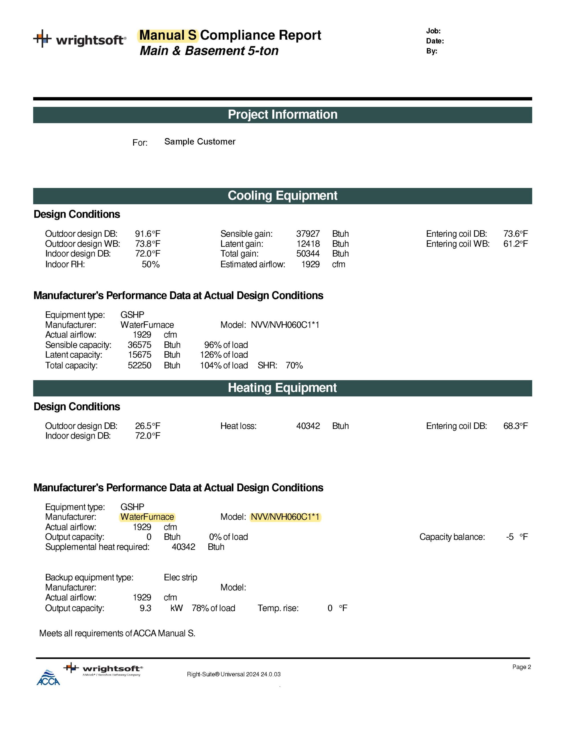 Example Manual S equipment selection report matching a 5-ton system's capacity to the calculated heating and cooling loads at design conditions for a main floor and basement.