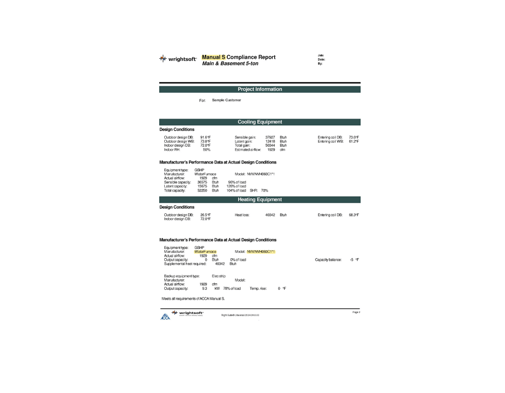 Manual S equipment selection report showing sensible and latent capacity verification