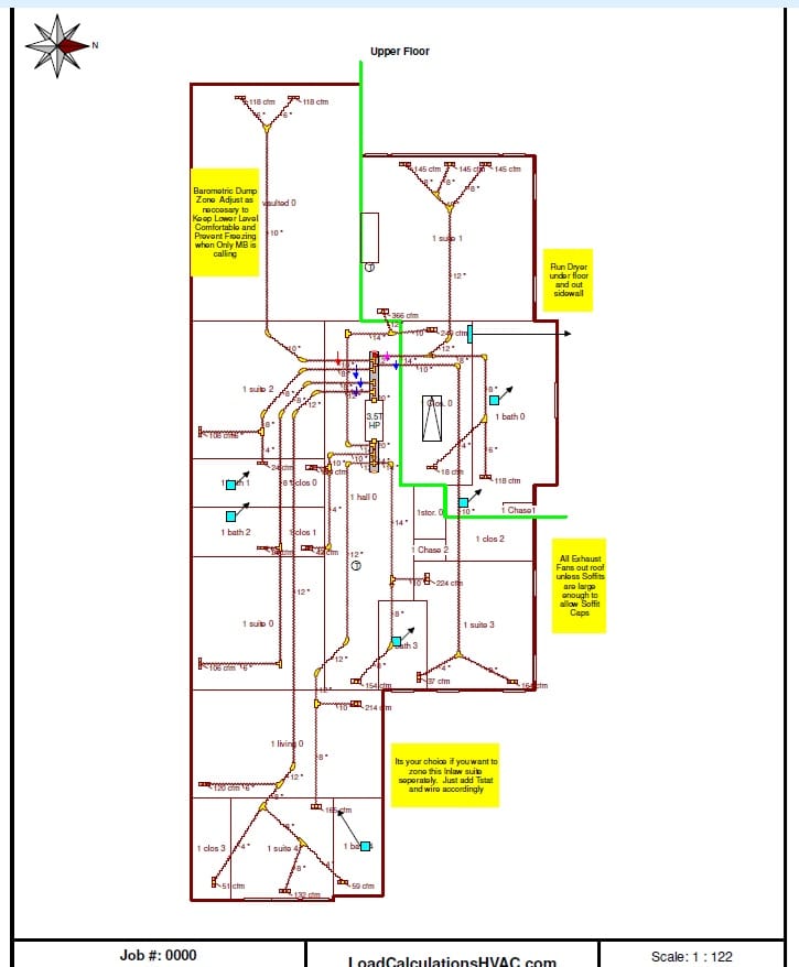 Manual D duct design drawn on a residential floor plan with trunk and branch sizes