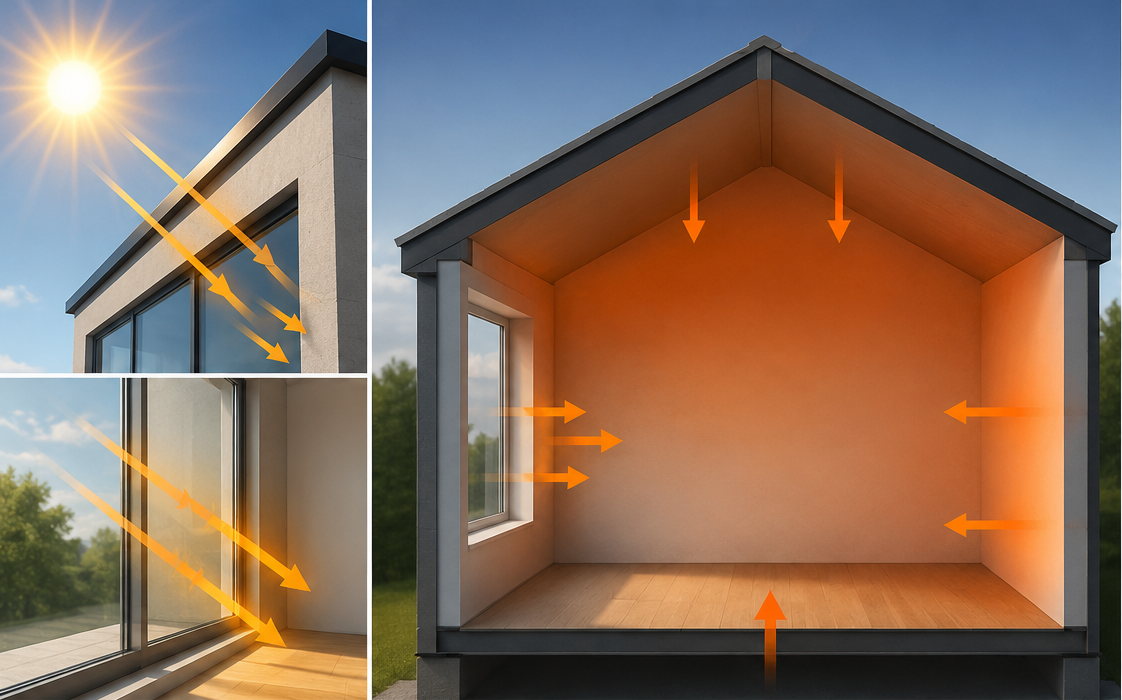 Illustration of heat gain pushing into a home through walls, roof, and windows in summer.