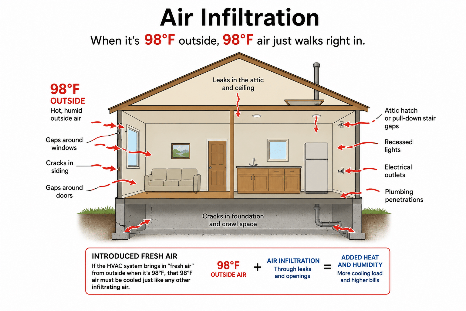House cross-section showing hot humid outdoor air entering through cracks, gaps, windows, doors, attic penetrations, electrical outlets, and plumbing penetrations, adding cooling load and humidity