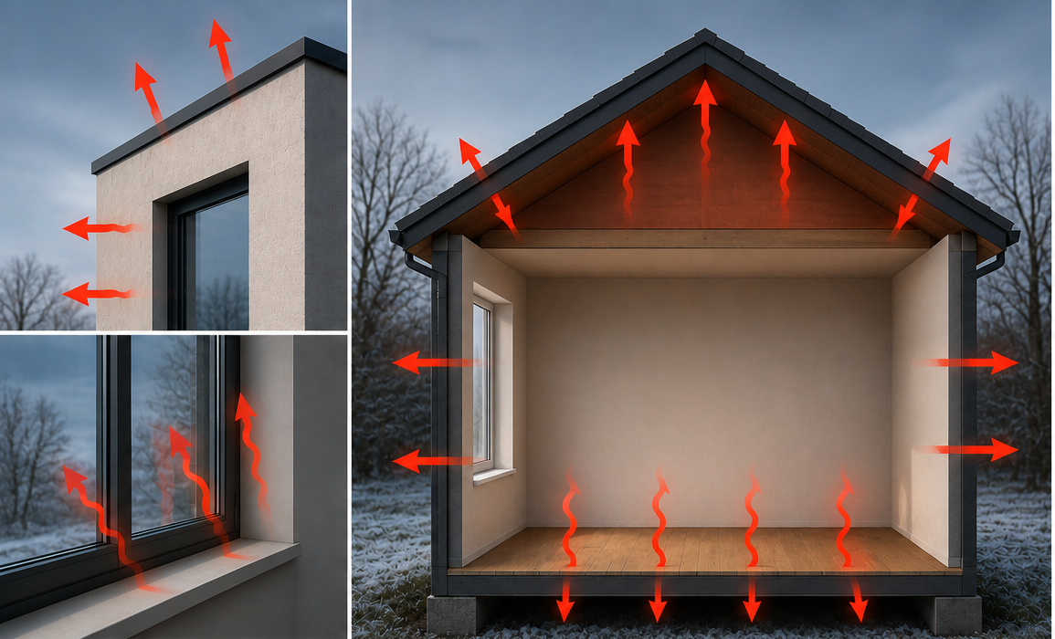 Illustration of heat loss escaping a home through the building envelope in winter.