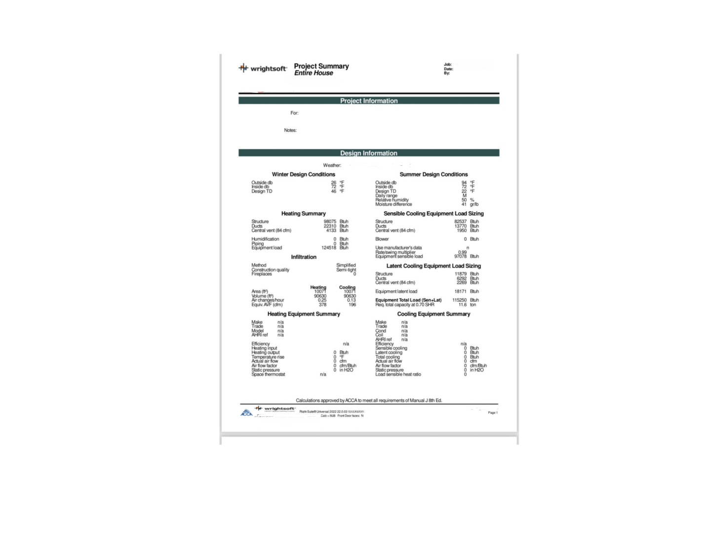 Manual J project summary report generated by Wrightsoft software showing heating load, cooling load, latent load, infiltration rates, design temperatures, and HVAC equipment sizing calculations for a residential property.