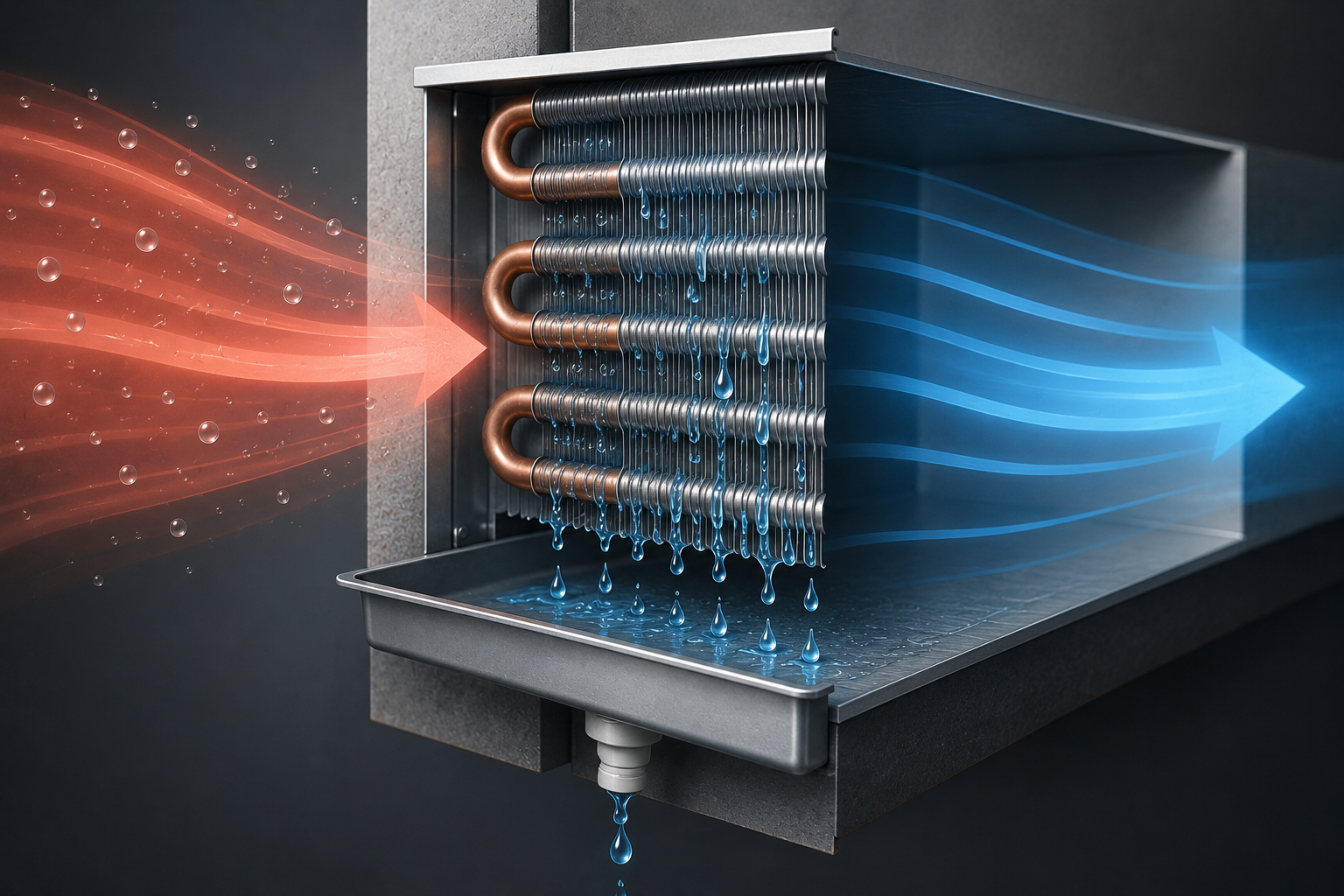Diagram of the moisture removal process: warm humid air passing over a cold coil, condensing water that drains away.