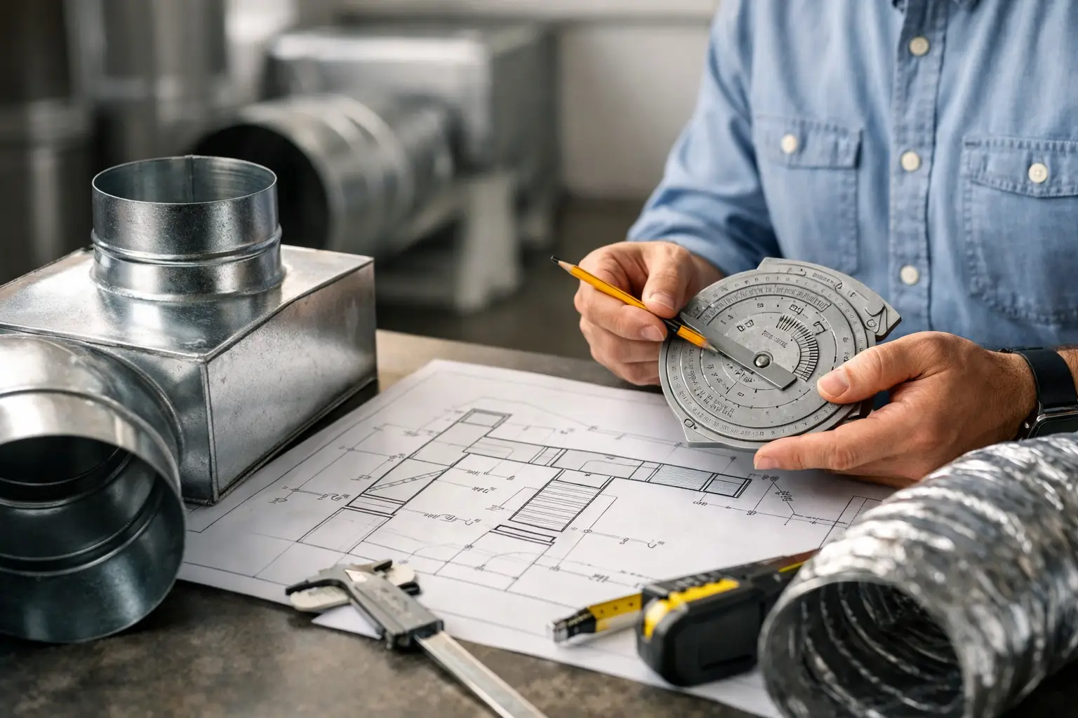 ACCA Manual D duct sizing process using HVAC airflow calculations, duct design tools, and residential mechanical plans.