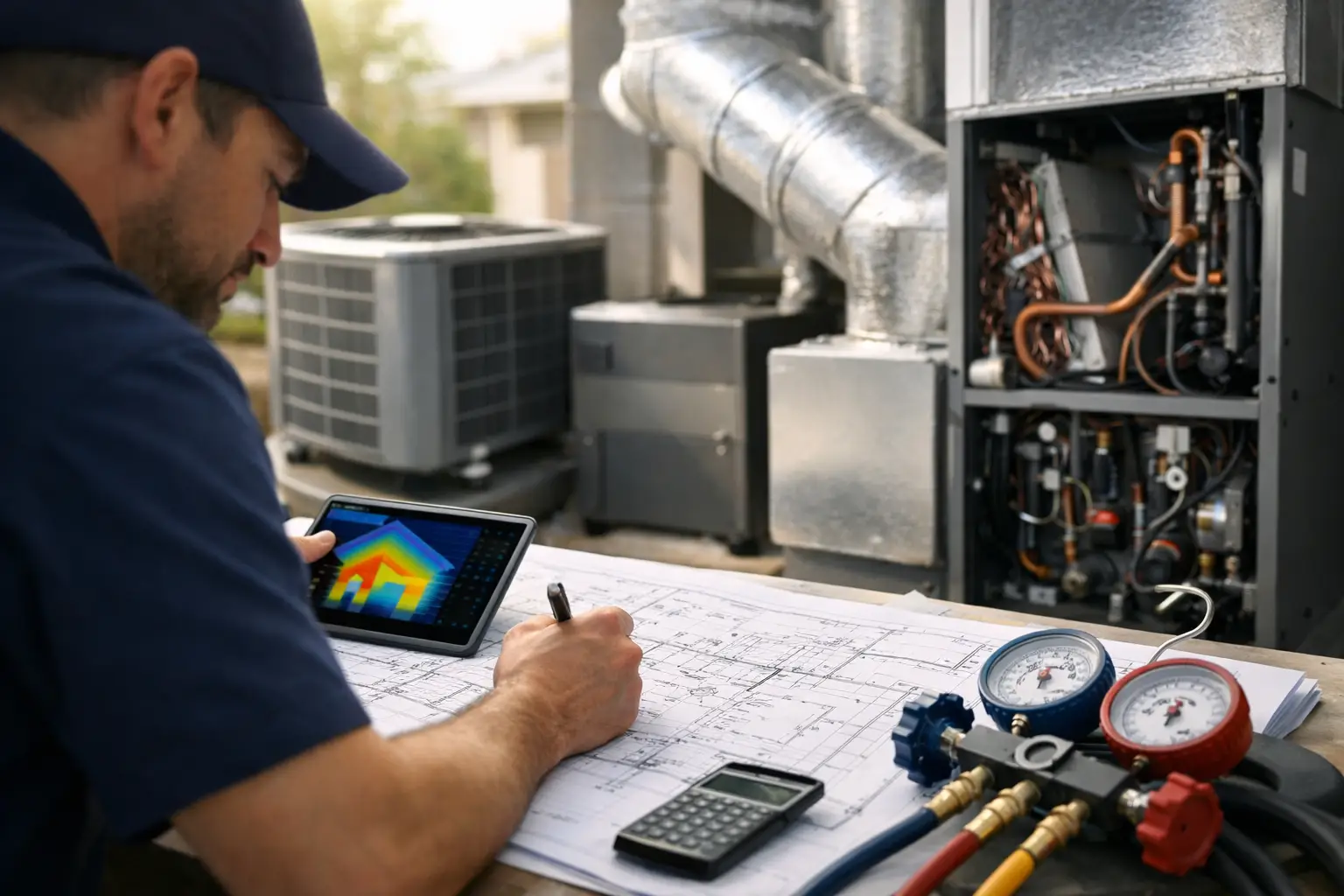 Residential HVAC system sizing process connecting Manual J load calculations with equipment capacity and airflow.